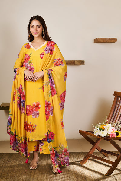 Zoya Yellow Hand Embroidered Kurta set of 3