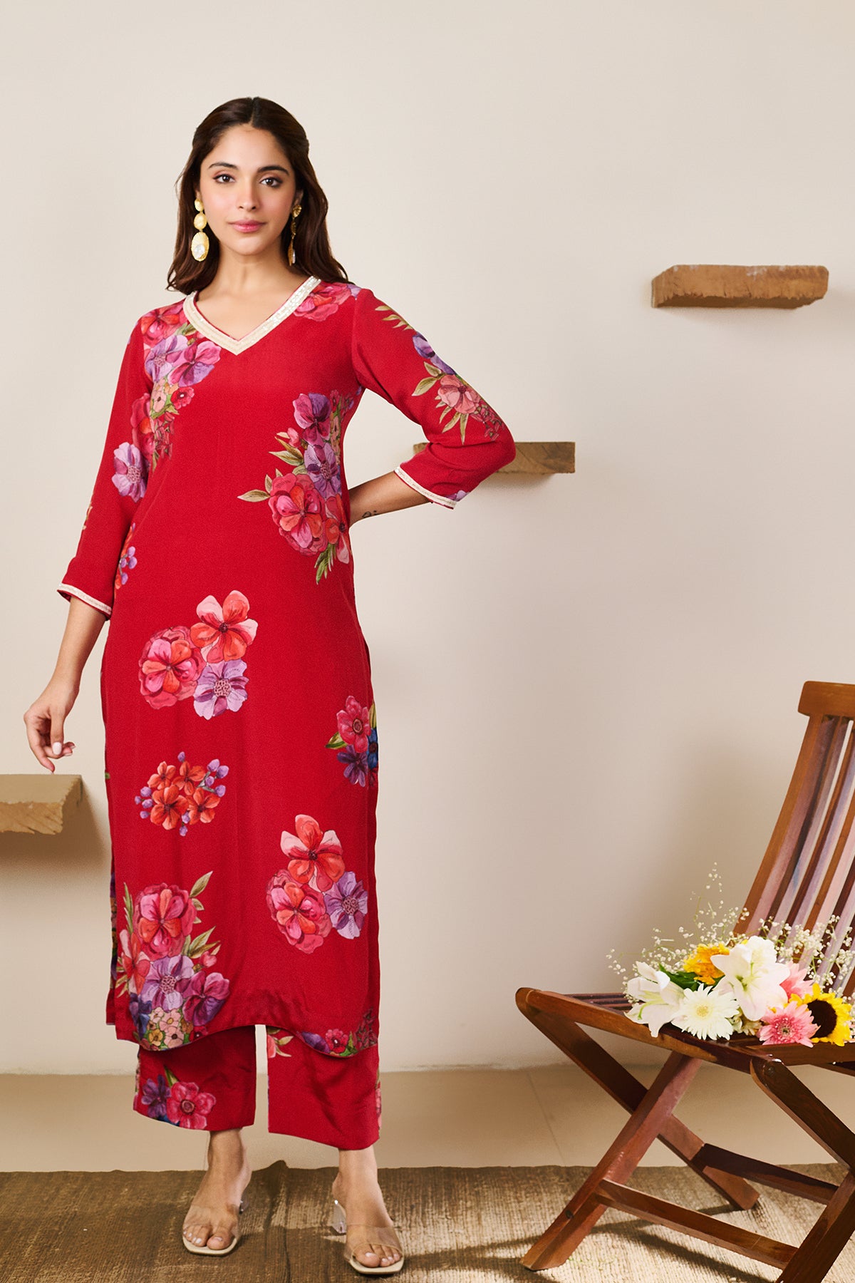 Zoya Red Hand Embroidered Kurta set of 3