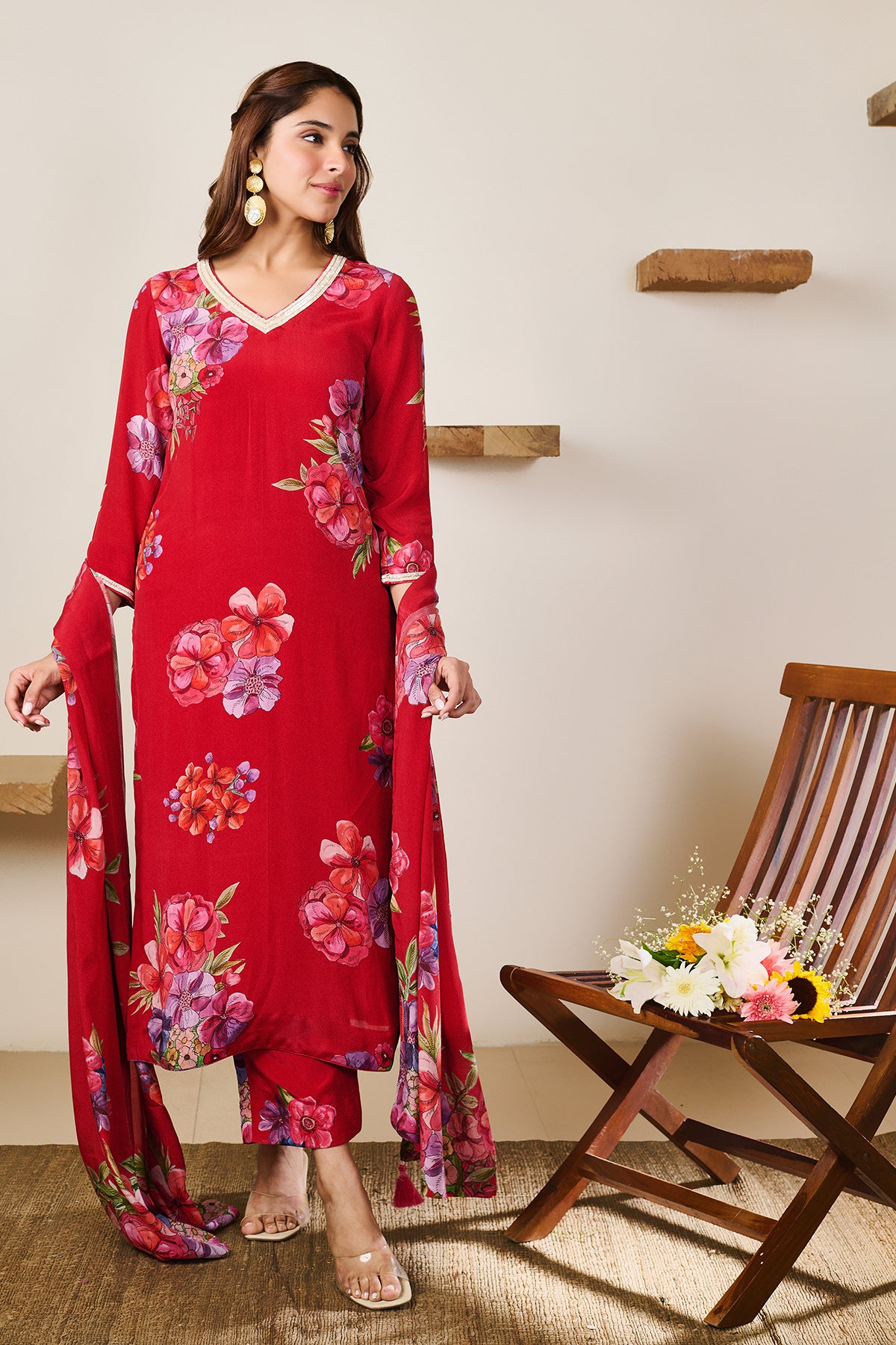 Zoya Red Hand Embroidered Kurta set of 3