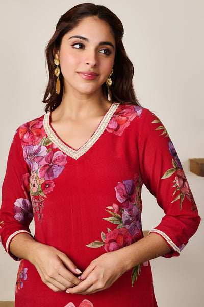 Zoya Red Hand Embroidered Kurta set of 3