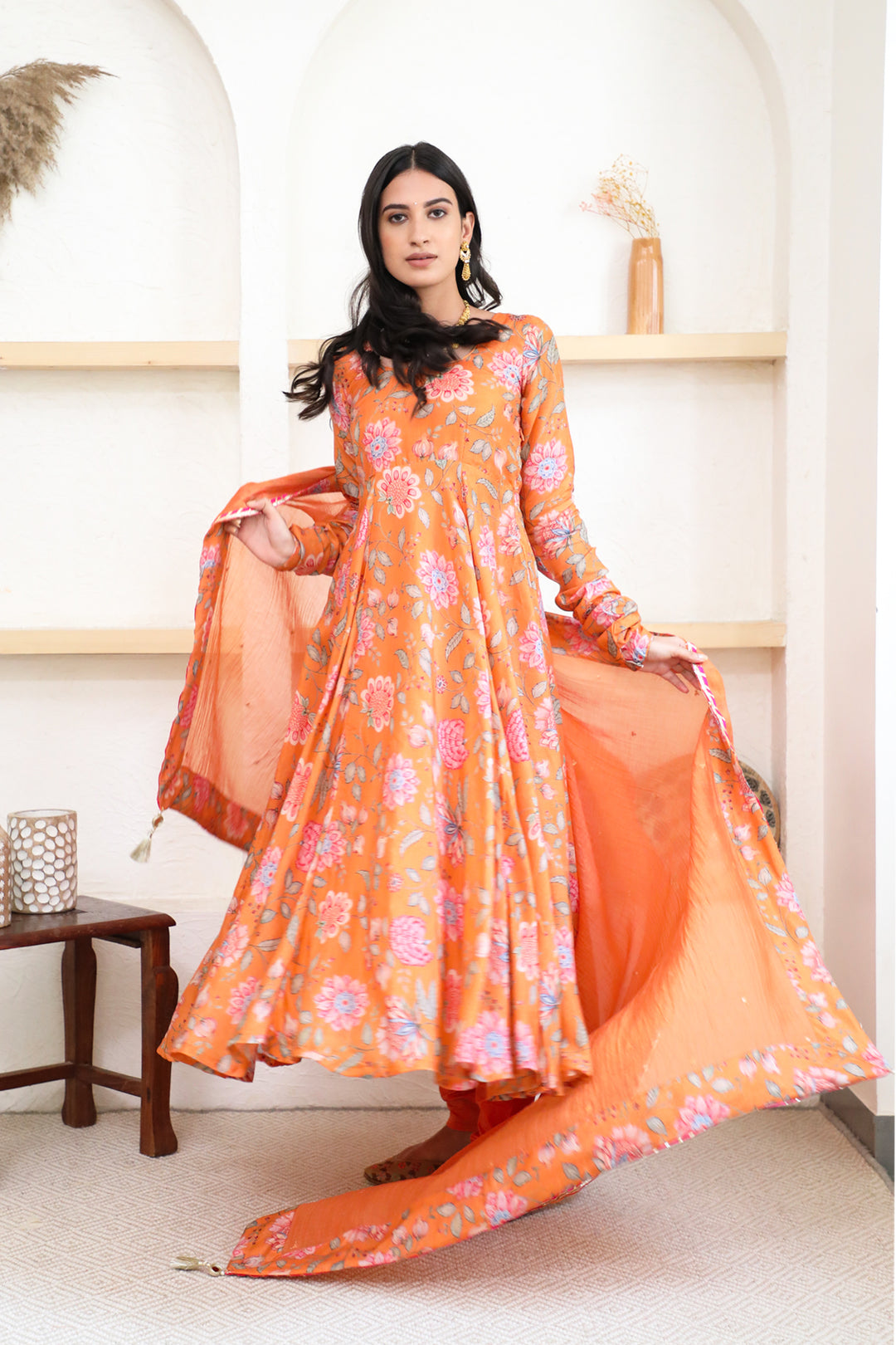 Orange printed Anarkali with Chooridar and Dupatta- set of 3