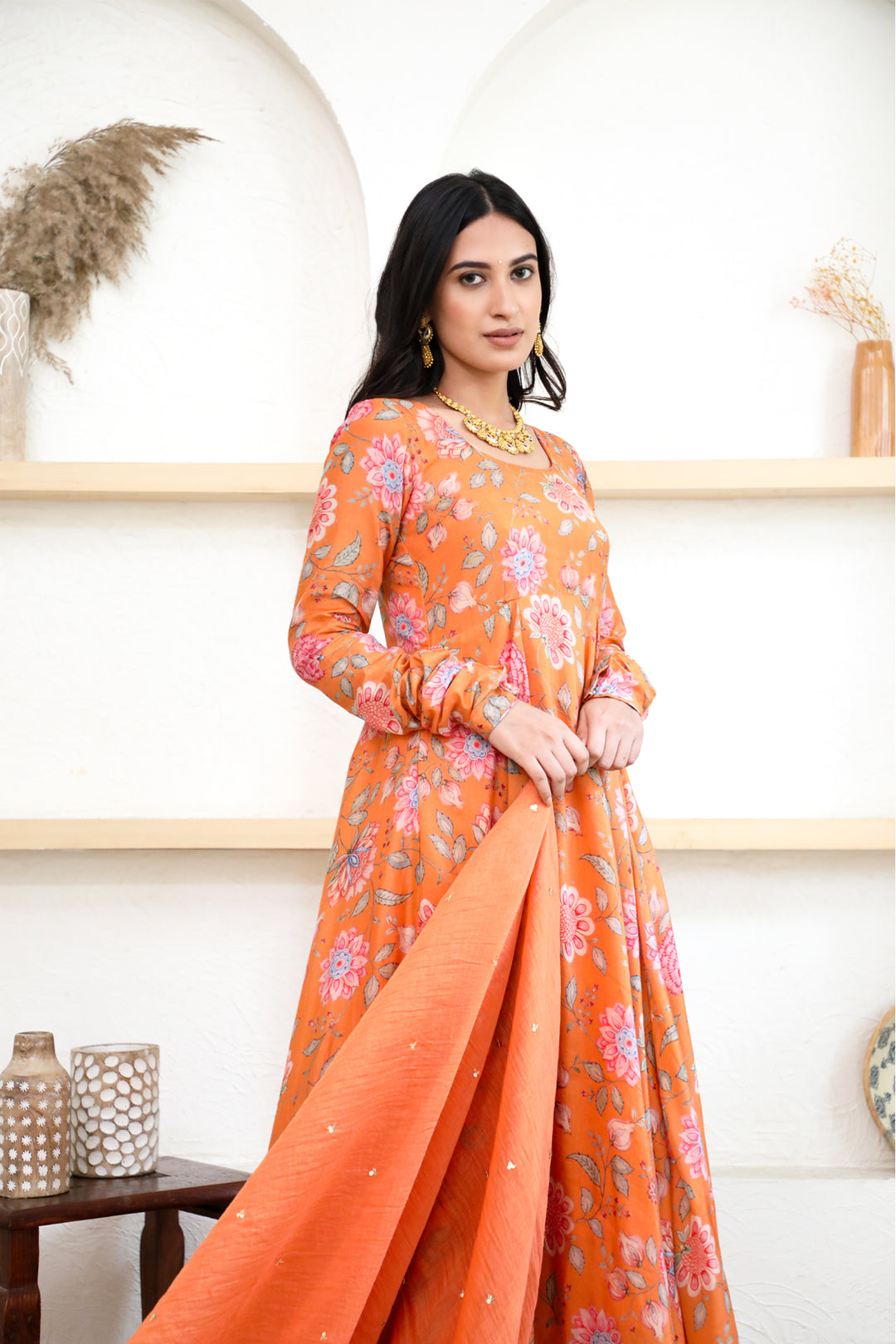 Orange printed Anarkali with Chooridar and Dupatta- set of 3