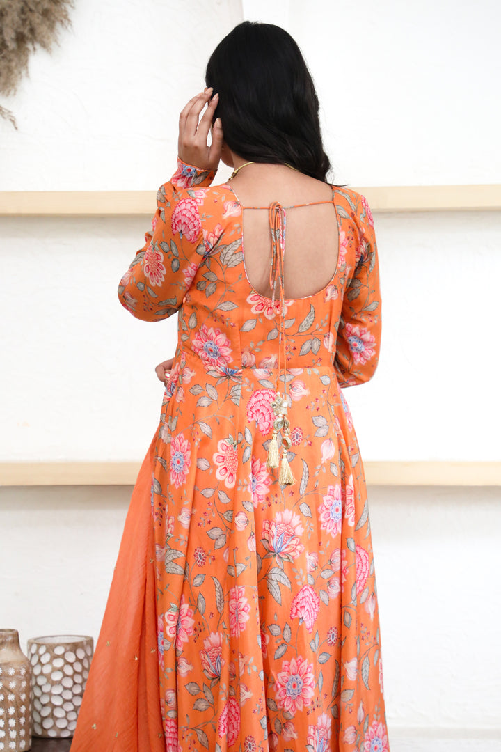 Orange printed Anarkali with Chooridar and Dupatta- set of 3