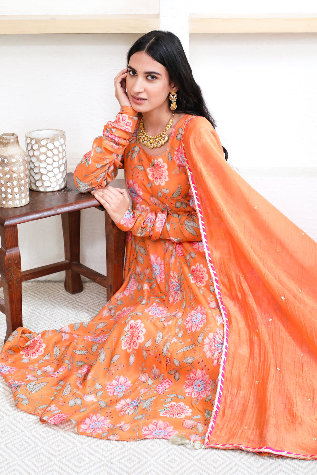 Orange printed Anarkali with Chooridar and Dupatta- set of 3