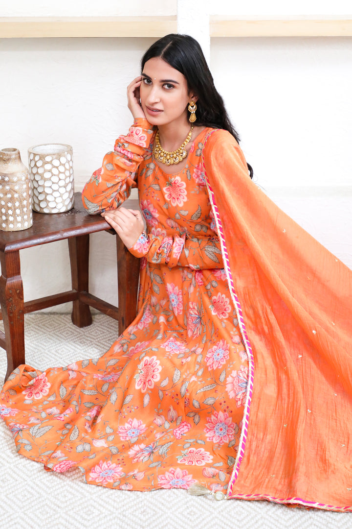 Orange printed Anarkali with Chooridar and Dupatta- set of 3