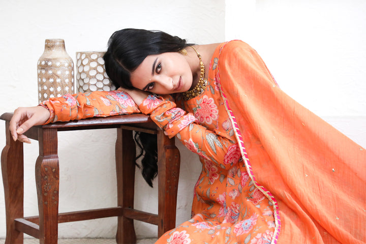 Orange printed Anarkali with Chooridar and Dupatta- set of 3