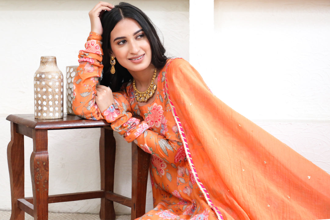 Orange printed Anarkali with Chooridar and Dupatta- set of 3