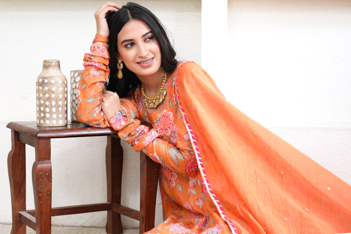Orange printed Anarkali with Chooridar and Dupatta- set of 3