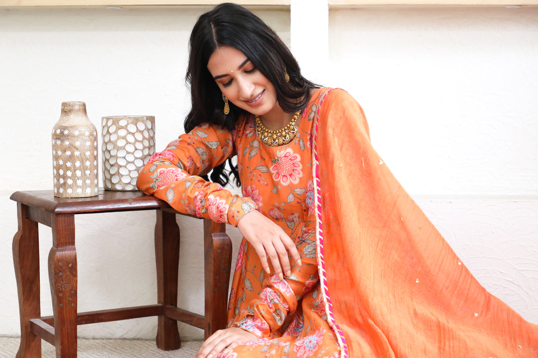 Orange printed Anarkali with Chooridar and Dupatta- set of 3