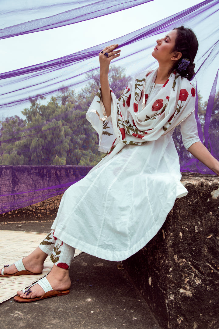 Off White Cotton Kalidar Kurta with Red Hand Block Printed Mulmul Pants and Dupatta- Set of 3