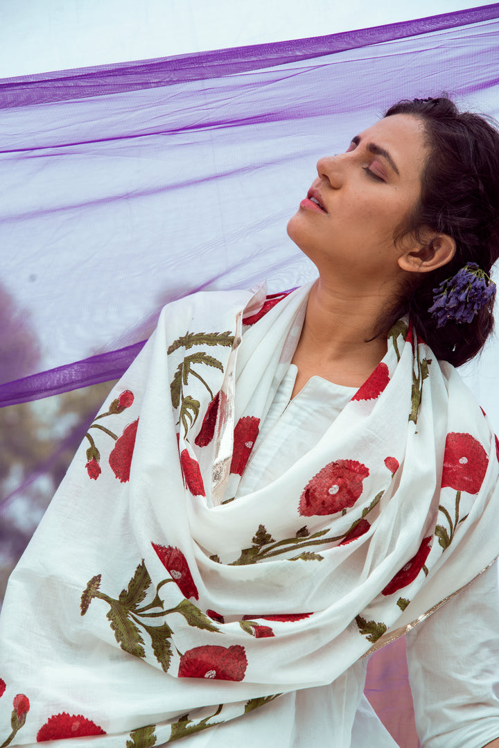 Off White Cotton Kalidar Kurta with Red Hand Block Printed Mulmul Pants and Dupatta- Set of 3