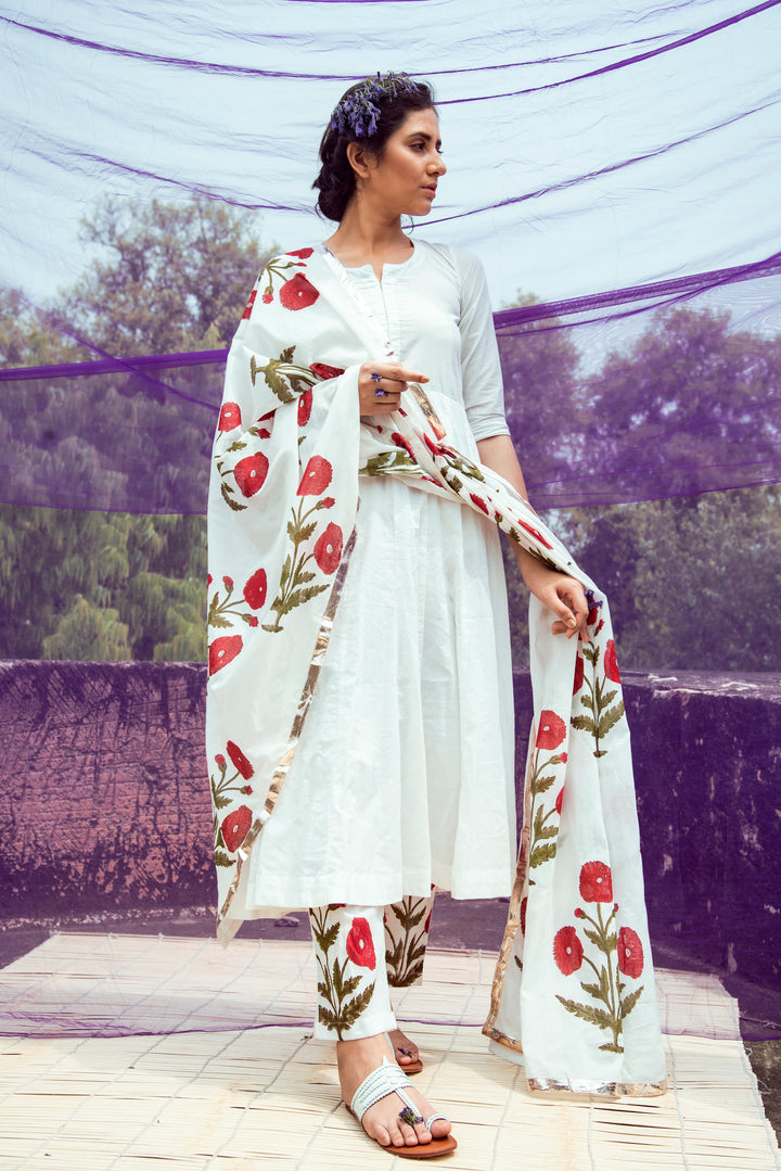 Off White Cotton Kalidar Kurta with Red Hand Block Printed Mulmul Pants and Dupatta- Set of 3
