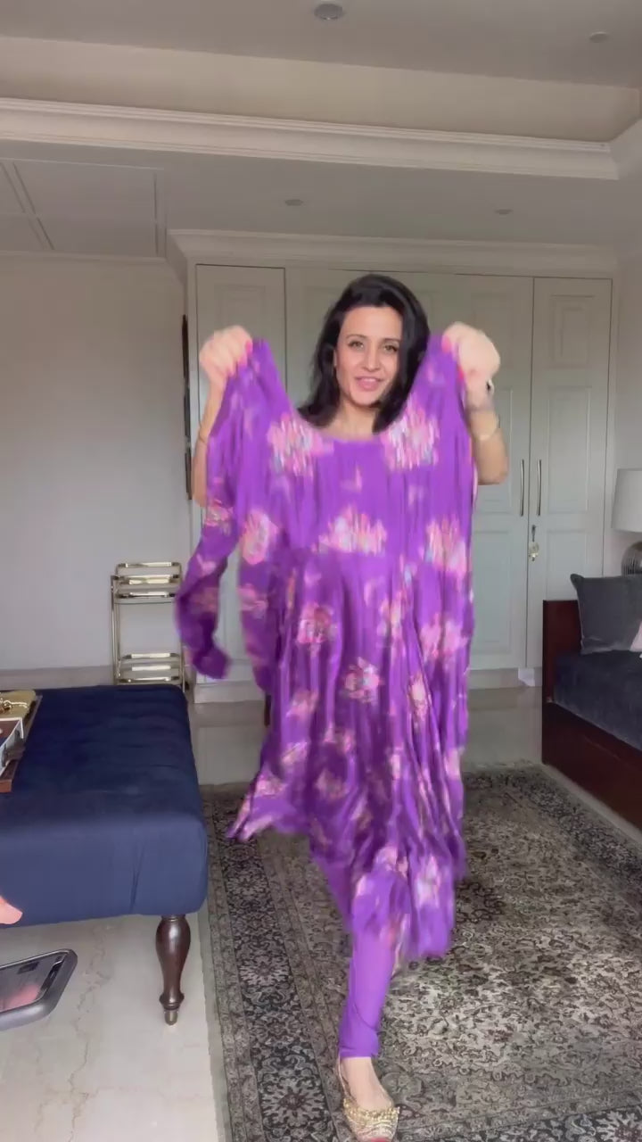 Mitali in our Bahaar Purple printed Anarkali with Chooridar and Dupatta- Set of 3