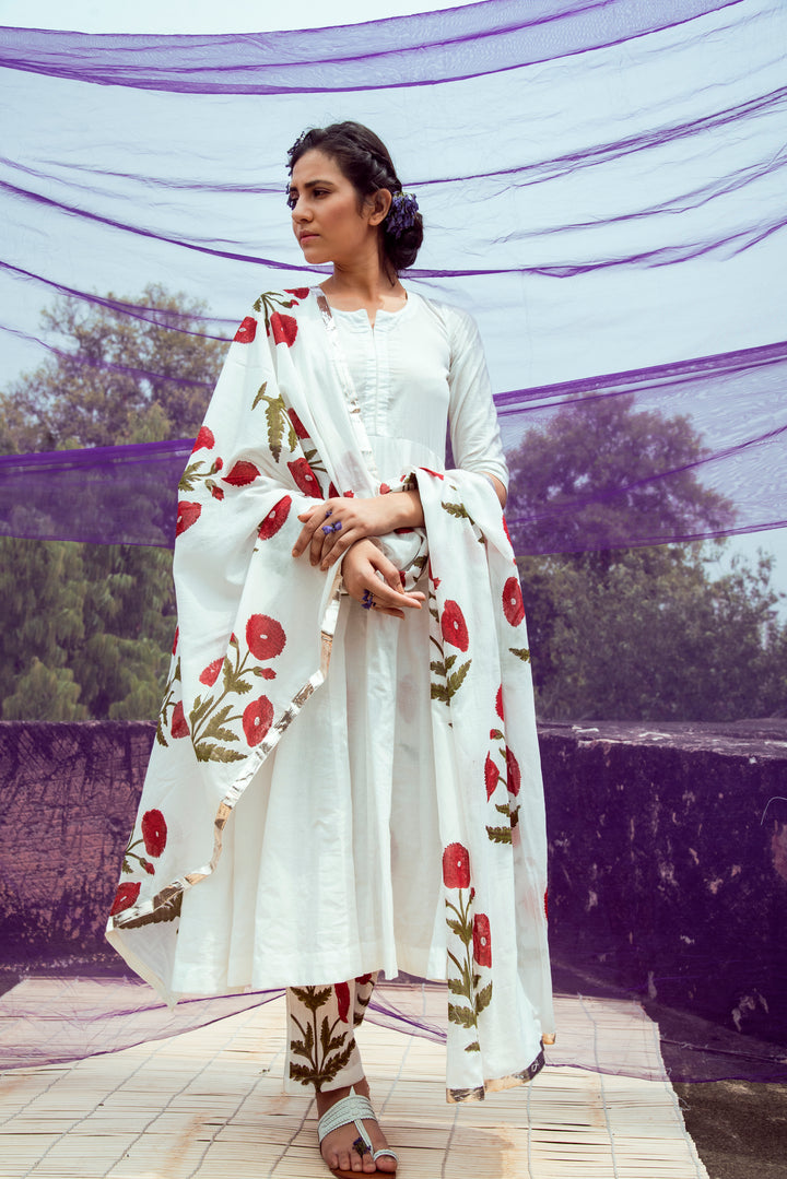Off White Cotton Kalidar Kurta with Red Hand Block Printed Mulmul Pants and Dupatta- Set of 3