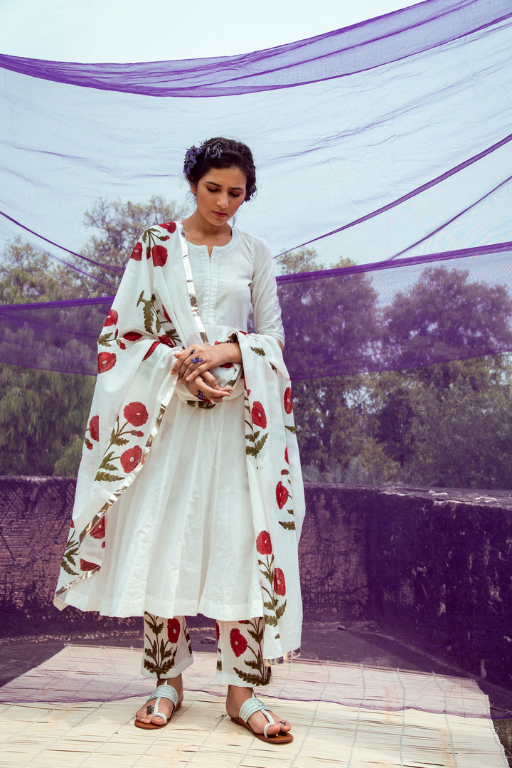 Off White Cotton Kalidar Kurta with Red Hand Block Printed Mulmul Pants and Dupatta- Set of 3