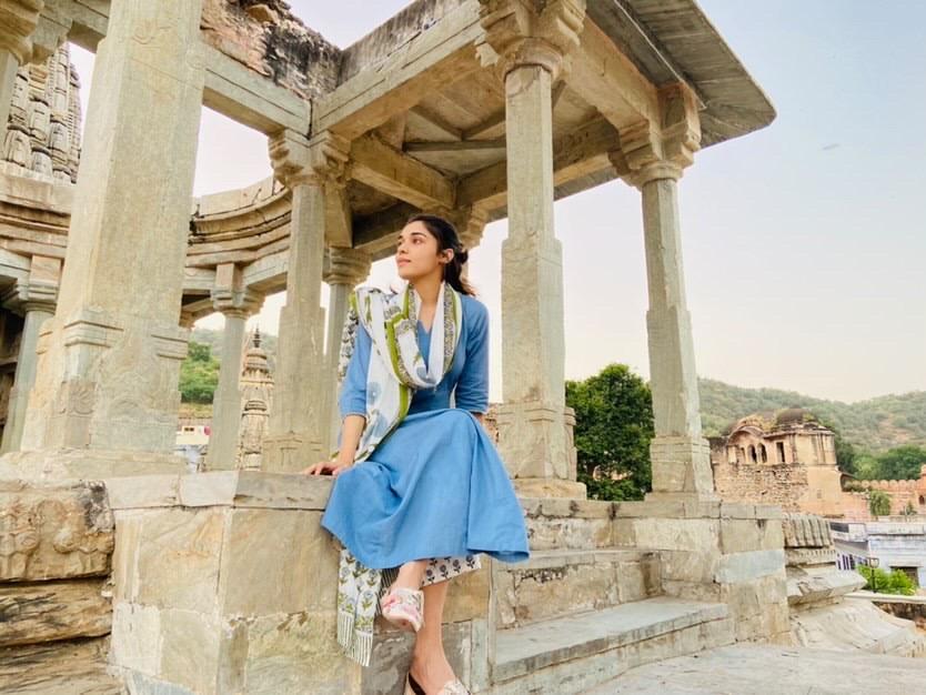 Blue Cotton Kalidar Gota Kurta with Off White Hand Block Printed Palazzo and Mulmul Dupatta- Set of 3