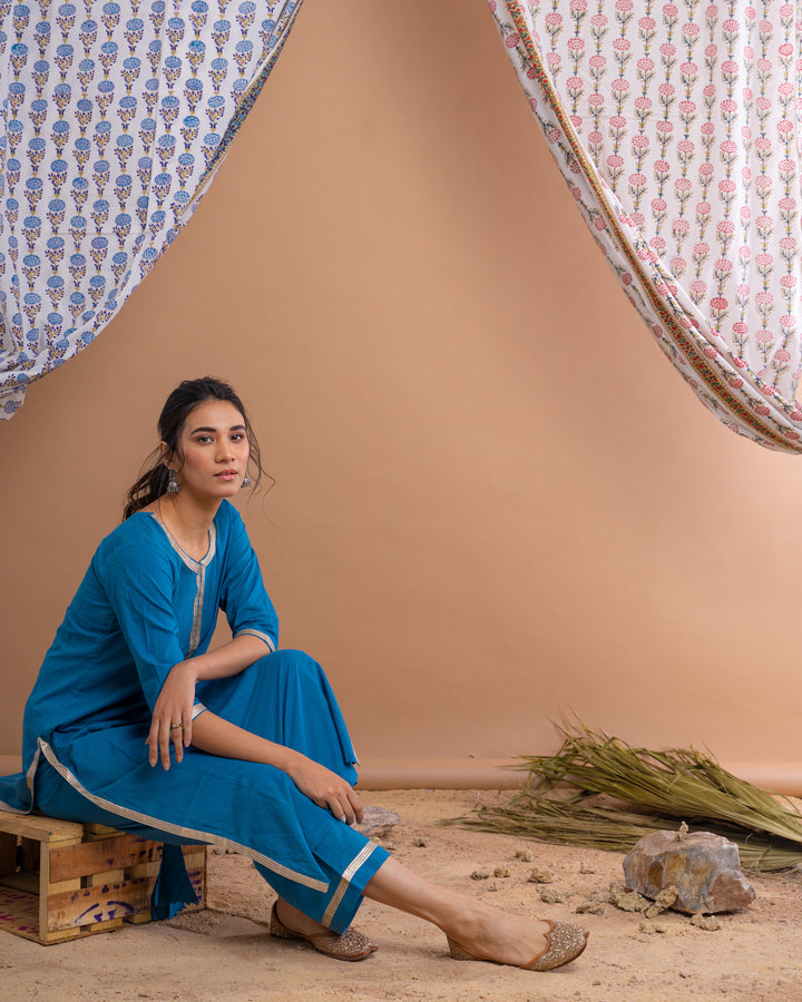 Blue Cotton Gota Suit With Off White Hand Block Printed Mulmul Dupatta