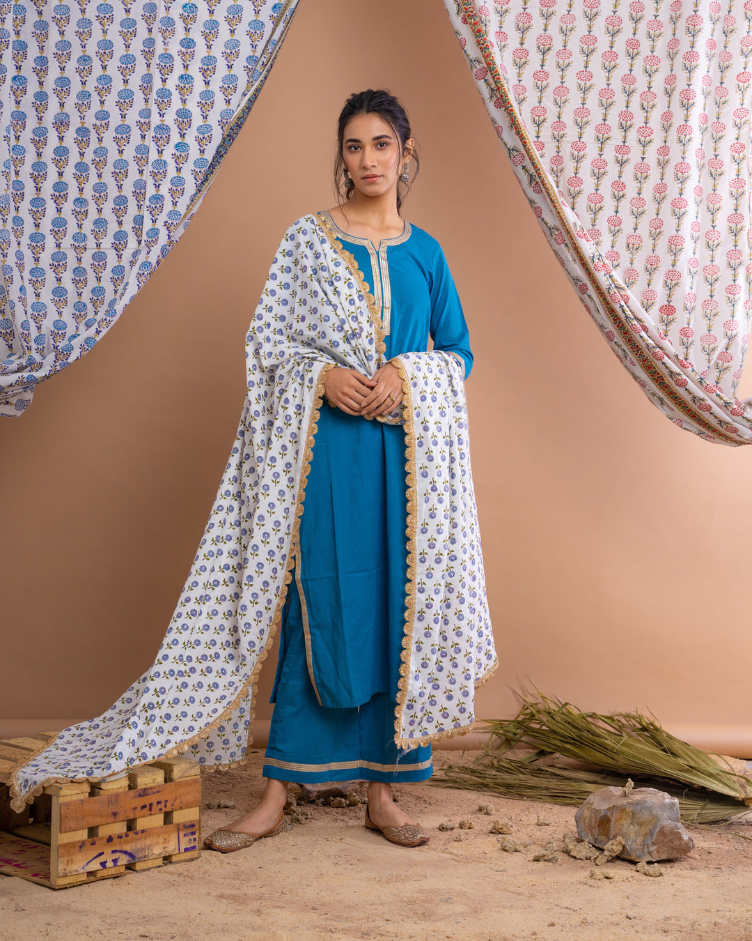 Blue Cotton Gota Suit With Off White Hand Block Printed Mulmul Dupatta