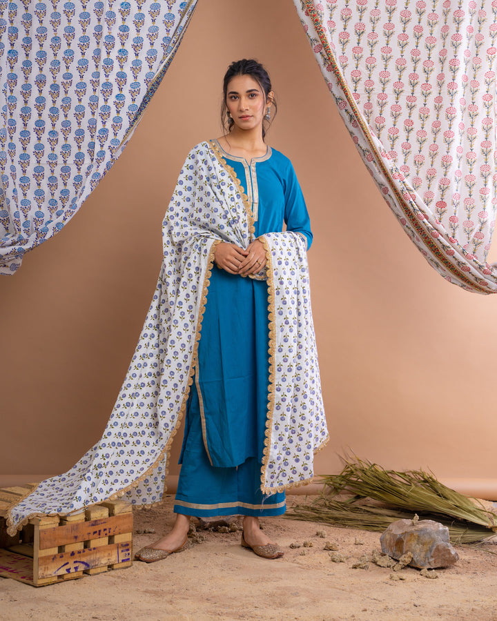 Blue Cotton Gota Suit With Off White Hand Block Printed Mulmul Dupatta