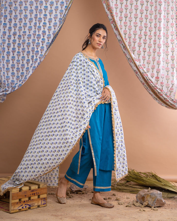Blue Cotton Gota Suit With Off White Hand Block Printed Mulmul Dupatta