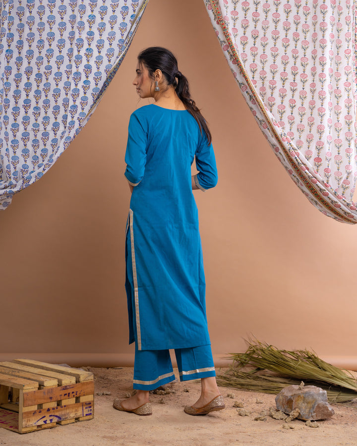 Blue Cotton Gota Suit With Off White Hand Block Printed Mulmul Dupatta