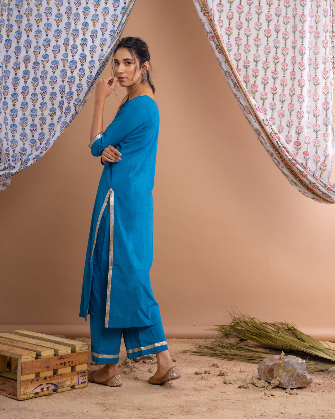 Blue Cotton Gota Suit With Off White Hand Block Printed Mulmul Dupatta
