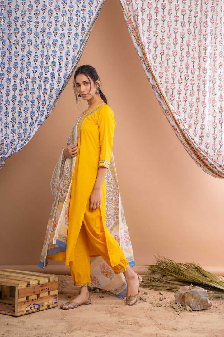 Yellow Cotton Gota Suit With Ivory Hand Block Printed Chanderi Dupatta