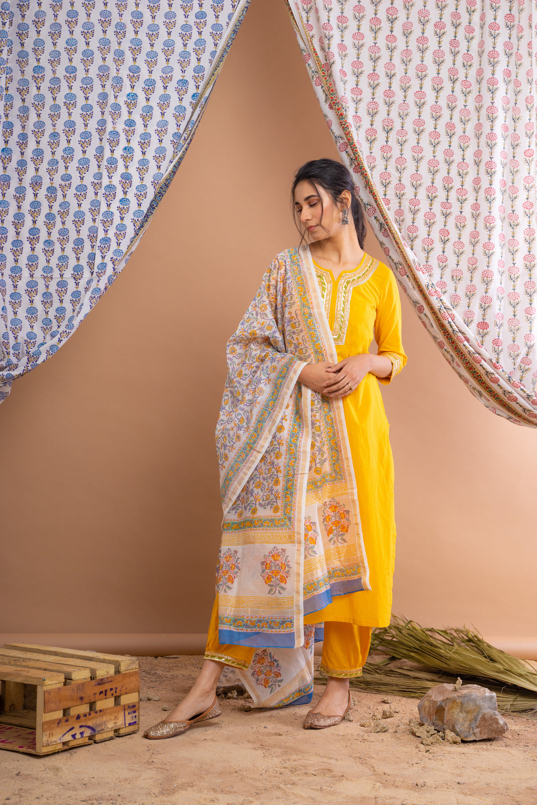 Yellow Cotton Gota Suit With Ivory Hand Block Printed Chanderi Dupatta