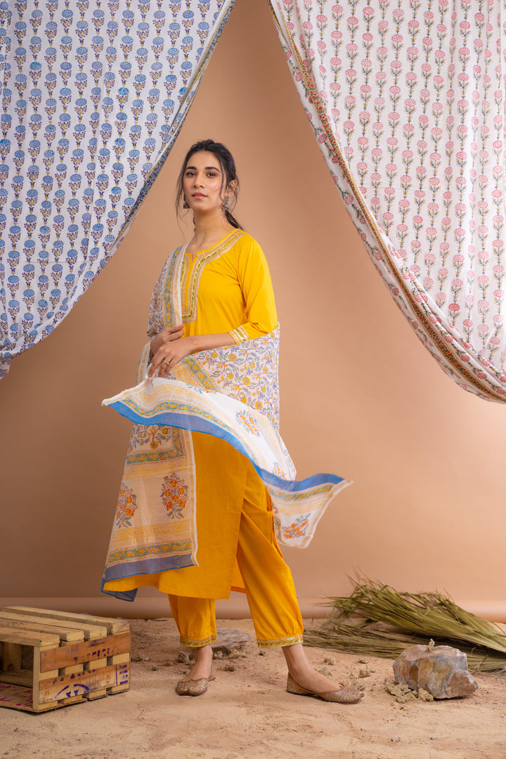 Yellow Cotton Gota Suit With Ivory Hand Block Printed Chanderi Dupatta