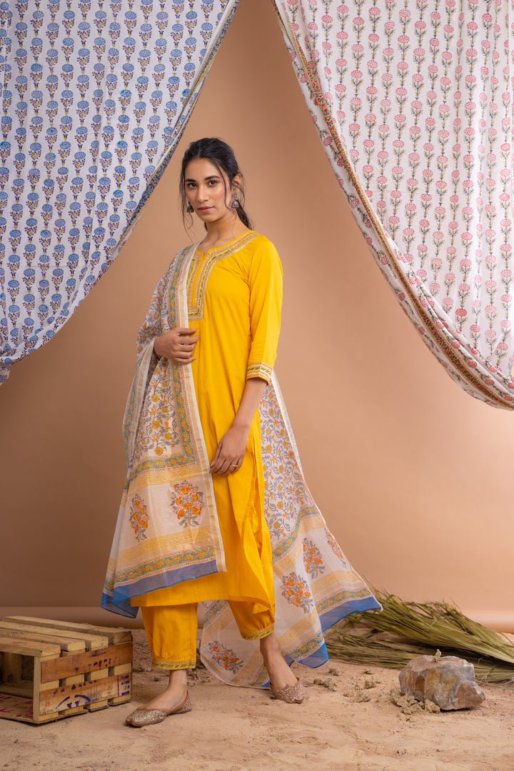 Yellow Cotton Gota Suit With Ivory Hand Block Printed Chanderi Dupatta