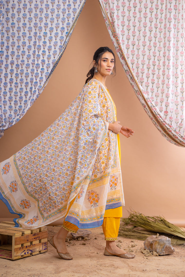 Yellow Cotton Gota Suit With Ivory Hand Block Printed Chanderi Dupatta