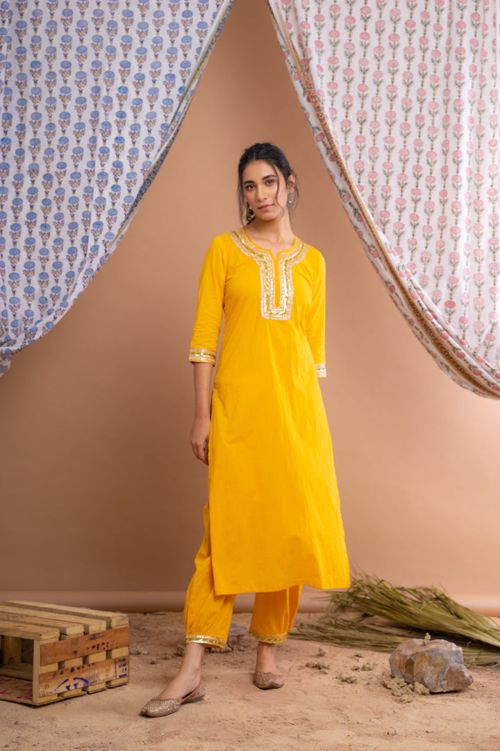 Yellow Cotton Gota Suit With Ivory Hand Block Printed Chanderi Dupatta