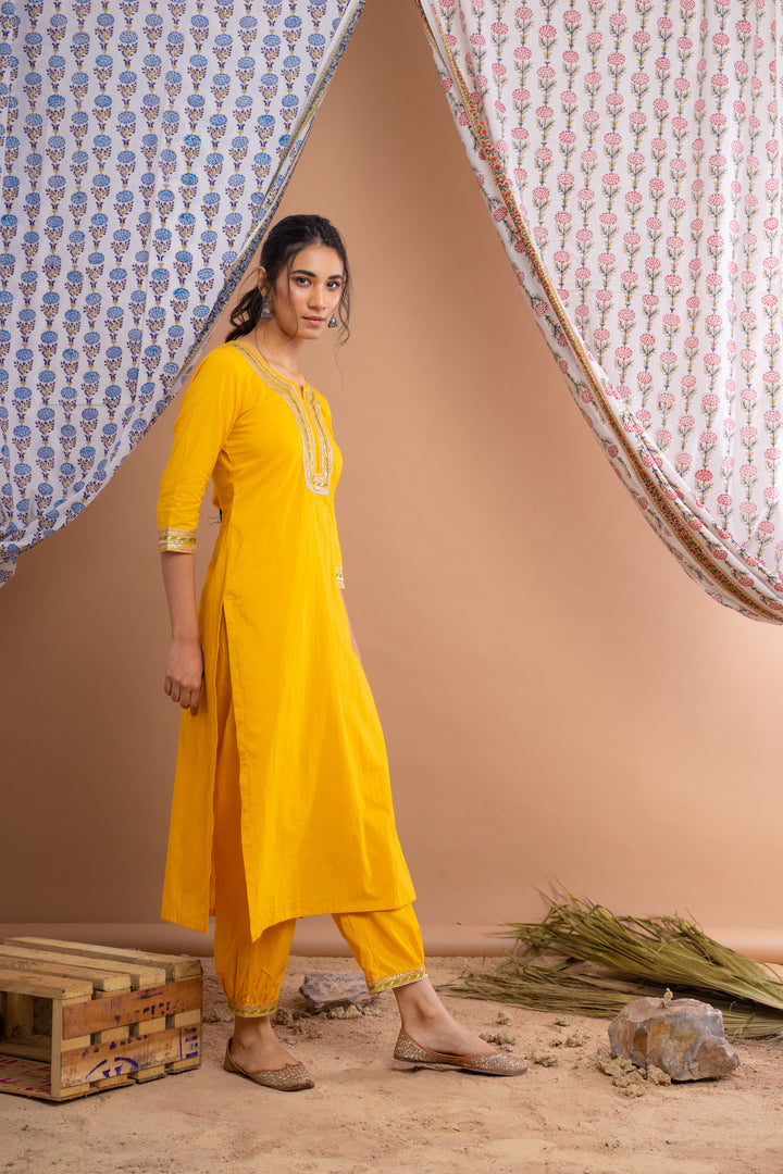 Yellow Cotton Gota Suit With Ivory Hand Block Printed Chanderi Dupatta