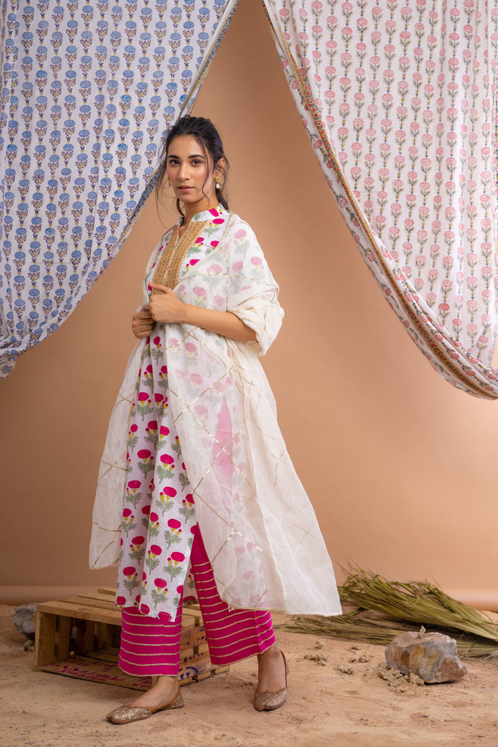White Pink Hand Block Printed Cotton Kurta With Gota Palazzo And Chanderi Dupatta