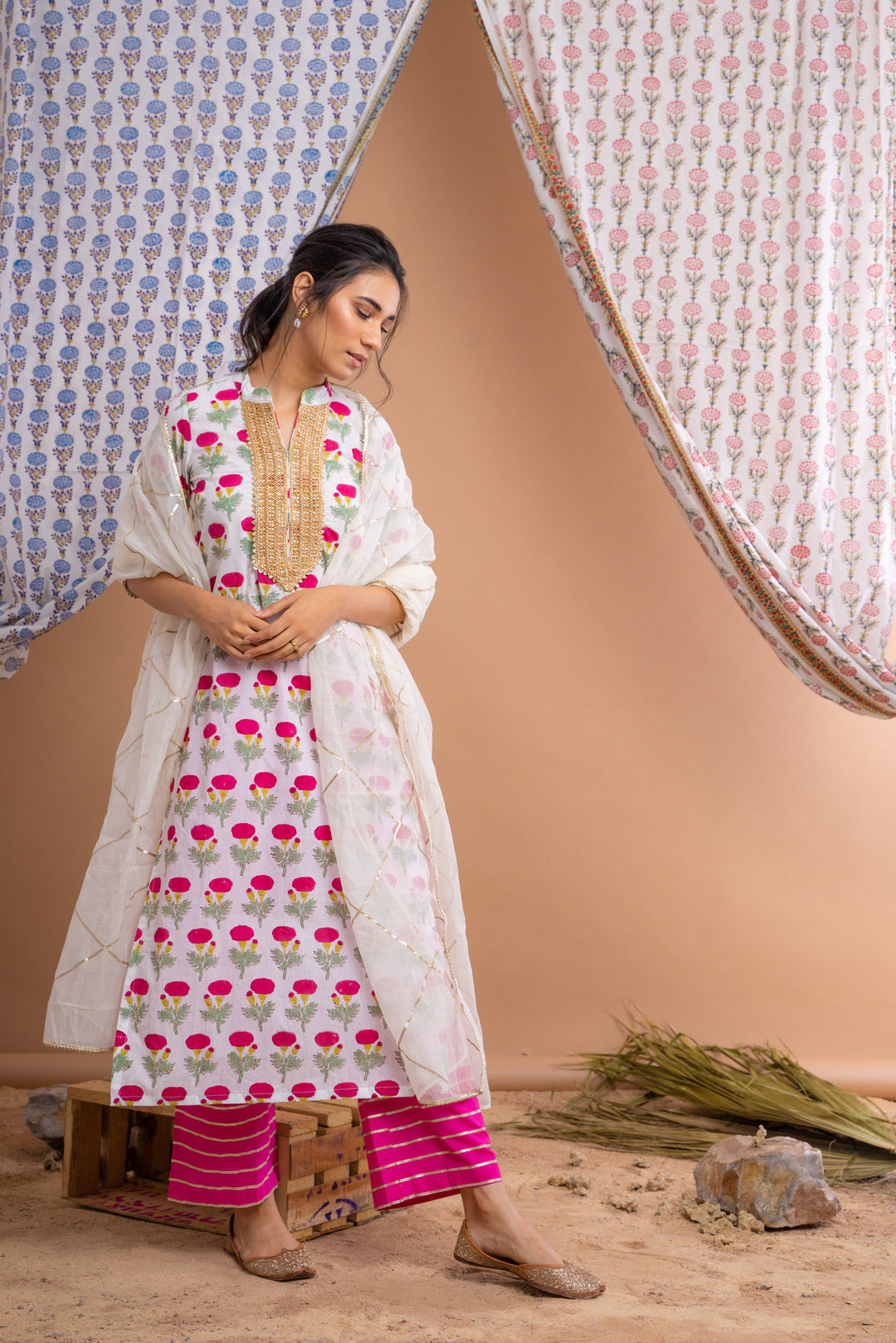 White Pink Hand Block Printed Cotton Kurta With Gota Palazzo And Chanderi Dupatta