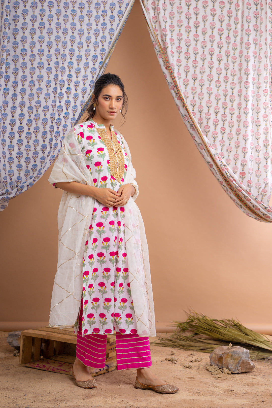 White Pink Hand Block Printed Cotton Kurta With Gota Palazzo And Chanderi Dupatta