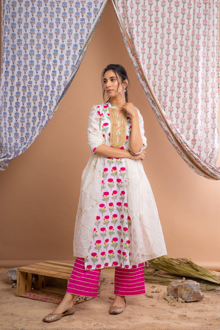 White Pink Hand Block Printed Cotton Kurta With Gota Palazzo And Chanderi Dupatta