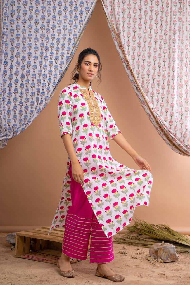 White Pink Hand Block Printed Cotton Kurta With Gota Palazzo And Chanderi Dupatta