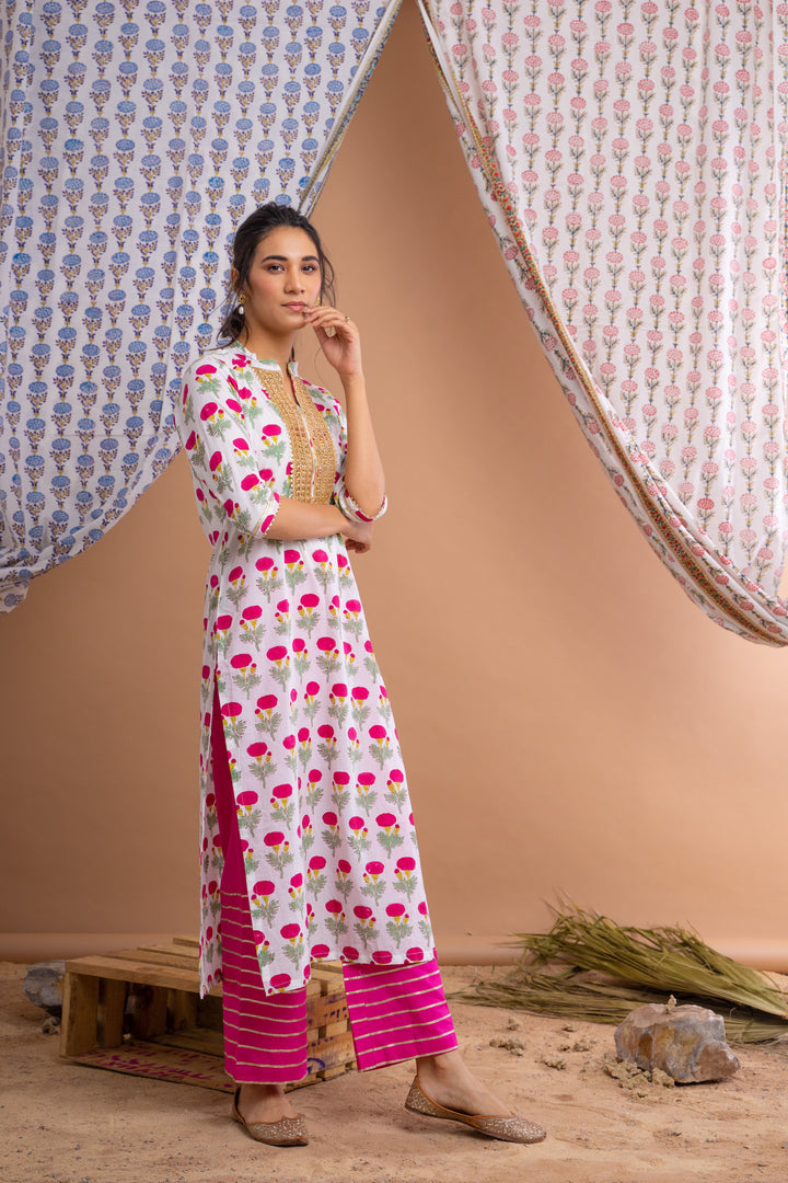 White Pink Hand Block Printed Cotton Kurta With Gota Palazzo And Chanderi Dupatta