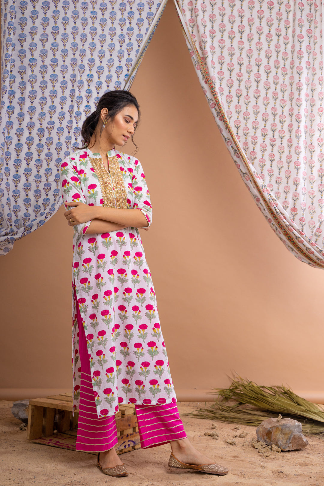 White Pink Hand Block Printed Cotton Kurta With Gota Palazzo And Chanderi Dupatta