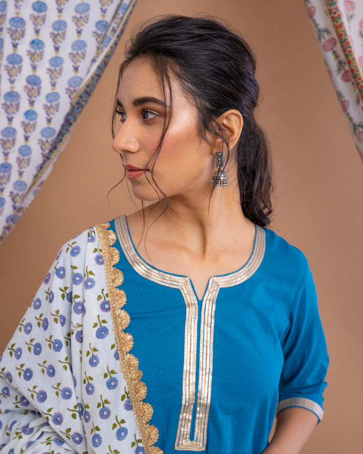Blue Cotton Gota Suit With Off White Hand Block Printed Mulmul Dupatta