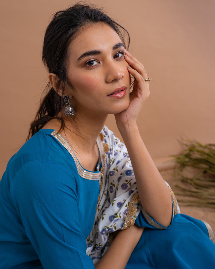 Blue Cotton Gota Suit With Off White Hand Block Printed Mulmul Dupatta
