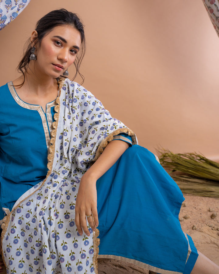 Blue Cotton Gota Suit With Off White Hand Block Printed Mulmul Dupatta
