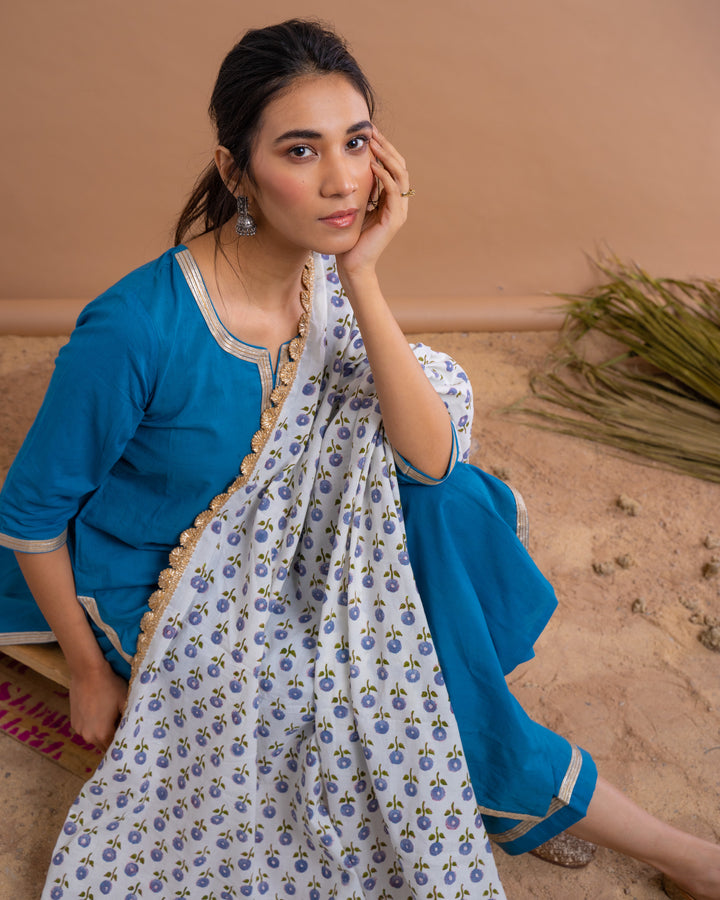 Blue Cotton Gota Suit With Off White Hand Block Printed Mulmul Dupatta