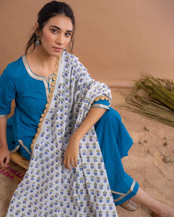 Blue Cotton Gota Suit With Off White Hand Block Printed Mulmul Dupatta