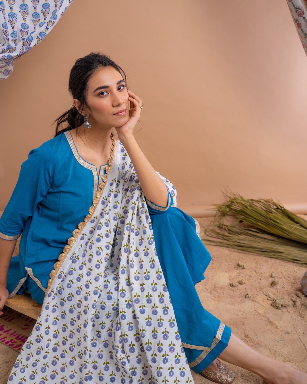 Blue Cotton Gota Suit With Off White Hand Block Printed Mulmul Dupatta