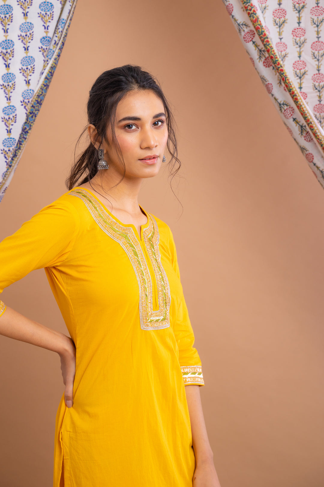 Yellow Cotton Gota Suit With Ivory Hand Block Printed Chanderi Dupatta