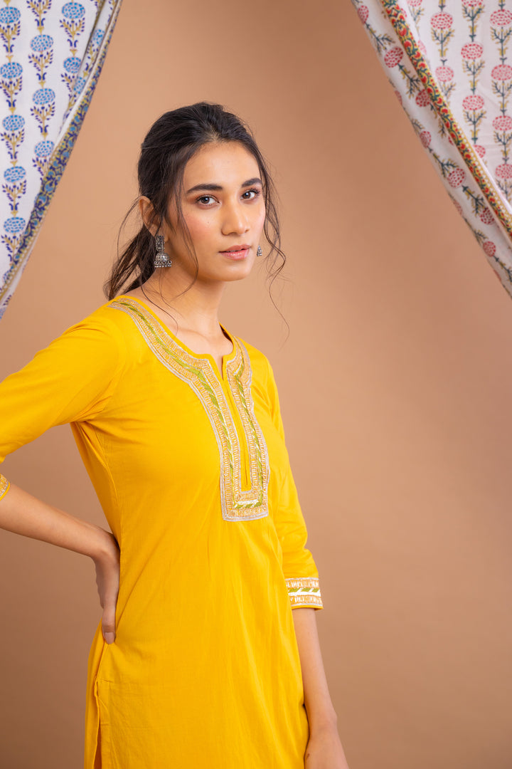 Yellow Cotton Gota Suit With Ivory Hand Block Printed Chanderi Dupatta