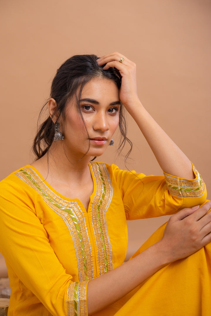 Yellow Cotton Gota Suit With Ivory Hand Block Printed Chanderi Dupatta