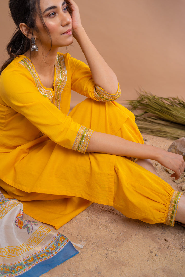 Yellow Cotton Gota Suit With Ivory Hand Block Printed Chanderi Dupatta